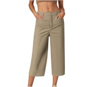 HAOLEI Cropped Trousers Women Summer Wide Leg Petite Ladies Capri Pants Casual Smart Tailored Suit Trousers Straight Leg Work Office Dress Pants with Pockets UK Sale Clearance