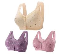 HAOLEI Daisy Bras for Older Women Multipack Plus Size Front Fastening Push up Bra Non Wired Full Support Senior Bra with Snaps Breathable Cotton Comfort Everyday Underwear and Bras Ladies Purple