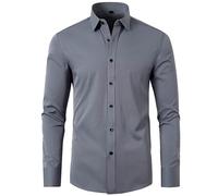 HAOLEI Dress Shirts for Men UK Clearance Long Sleeve Solid Color Stretch Formal Shirts Business Turn-Down Collar Dress Shirt Regular Fit Wedding Work Smart Button Down Shirt Tops with Pocket Gray
