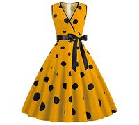HAOLEI Dresses Sale Clearance, 1950s Polka Dots Dress Spaghetti Strap Midi Dress Retro Swing Princess Tea Party A-line Dress Audrey Hepburn 50's 60's Evening Party Dance Gown with Belt, Yellow