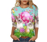HAOLEI Easter Day Top for Women Teens Rabbit Print T-Shirt 3/4 Sleeve Loose Tunic Tops Cute Bunny Basic Tee Shirts Ladies Casual Loose Blouse UK Clearance