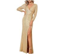 HAOLEI Evening Dresses Women High Split Maxi Dresses Sequin Prom Evening Dress Sexy V Neck Elegant Floor Length Dresses Wedding Prom Ball Gowns Sparkly Glitter Cocktail Dress Gold