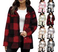 HAOLEI Fleece Jacket for Women, Ladies Plaid Shacket Jacket Teddy Fleece Fuzzy Coats Button Casual Long Sleeve Fluffy Outfits Winter Clothes Jumpers Tartan Checked Coat