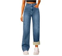 HAOLEI Fleece Lined Jeans for Women Petite Wide Leg Stretch Essentials Jeans Bootcut Flared Jeans High Waist Joggers Regular Fit Work Winter Fall Work Pants Fleece Lined Denim Trousers Ladies Blue