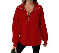 HAOLEI Fleece Sweatshirt Women UK Oversized Ladies Jumpers Half Zip Lapel Neck Sweatshirt Casual Loose Long Sleeve Pullover Y2K Winter Essentials Hoodie Jumper Sweater Tops with Pocket Clearance Red