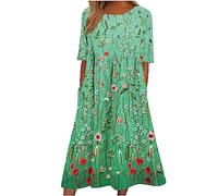 HAOLEI Floral Dresses for Women with Pockets Plus Size Elegant Casual Short Sleeve Summer Dresses Crew Neck Pleated Beach Boho A-Line Flowy Dress Party Wedding Guest Dresses UK Clearance Green