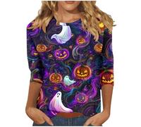 HAOLEI Halloween Costumes for Women,Ladies 3/4 Sleeve Halloween Shirts Funny Fresh Pumpkin Cat Pullover Tops Cute Crew Neck Long Sleeve Graphic Shirts Autumn Fall Blouses Tunic Tops