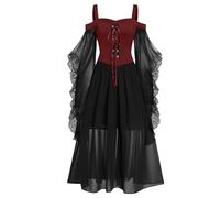 HAOLEI Halloween Dress Women Plus Size, Vintage Lace Renaissance Medieval Victorian Gothic Dress Cold Shoulder Flutter Sleeve Retro Steampunk Costume Rockabilly Goth 80s Dresses Ladies Red