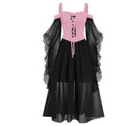 HAOLEI Halloween Dress Women Plus Size, Vintage Lace Renaissance Medieval Victorian Gothic Dress Cold Shoulder Flutter Sleeve Retro Steampunk Costume Rockabilly Goth 80s Dresses Ladies Pink