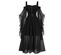HAOLEI Halloween Dress Women Plus Size, Vintage Lace Renaissance Medieval Victorian Gothic Dress Cold Shoulder Flutter Sleeve Retro Steampunk Costume Rockabilly Goth 80s Dresses Ladies Black