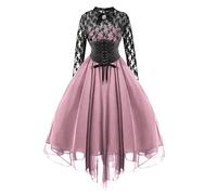 HAOLEI Halloween Dress Women UK Clearance,Sexy Lace Chiffon Gothic Dress Vintage Renaissance Medieval Victorian Dress Retro Punk Goth Costume 80s Fancy Dress Rockabilly Swing Dress Ladies Pink
