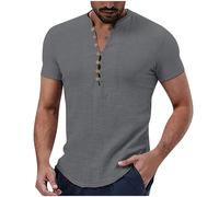 HAOLEI Henley T Shirt Mens UK Clearance Solid Color Cotton Linen Shirts Summer Short Sleeve Tops Plain Breathable Buttons Basic Tees Stand Collar Casual Beach Shirts Gray