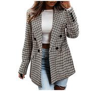 HAOLEI Houndstooth Jacket Women Casual Double Breasted Plaid Suit Jacket Coat Checked Long Sleeve Suit Blazer Regular Fit Work Business Office Fashion Casual Smart Autumn Winter Outwear Ladies Khaki