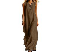 HAOLEI Kaftan Dresses for Women UK Full Length Cotton Linen Sleeveless Moo Moos Maxi Dress Patchwork Summer Cover Up Flowy Beach Long Dresses Ladies Sundress Size 8-16 Coffee