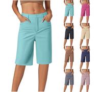 HAOLEI Knee Length Shorts Women Ladies Casual Tailored Cargo Suit Trousers Summer Straight Leg Work Bermuda Shorts with Pockets UK Clearance Light Blue
