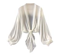 HAOLEI Ladies Chiffon Kimono Cardigan, Women's Lightweight Lantern Long Sleeve Beach Cover Up Elegant Swimsuit Coverup Open Front Casual Beach Summer Tops White