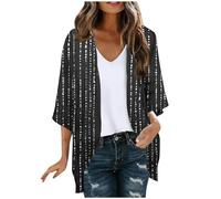 HAOLEI Ladies Chiffon Kimono Cardigan - Women's Lightweight Three Quarter Sleeve Beach Cover Up Elegant Swimsuit Coverup Open Front Casual Beach 3/4 Sleeve Summer Tops Black