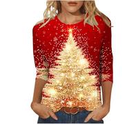 HAOLEI Ladies Christmas Jumpers - Women's Xmas T-Shirts Plus Size Christmas Tree Print Novelty Funny 3/4 Sleeve Elf Santa Print Reindeer Graphic Blouse Ugly Tee Shirt Pullover Holiday Tops