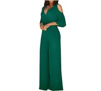 HAOLEI Ladies Cold Shoulder Jumpsuit Elegant Sexy V Neck Romper Ruffle Sleeve Wide Leg Dungarees High Waist Summer Overalls Party Wedding Work Playsuit