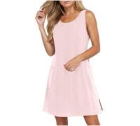 HAOLEI Ladies Dresses UK Sale Clearance,Womens Eyelet Sleeveless Summer Dresses Elegant Pockets Tank Dress Casual Loose Mini Dresses Party U-Neck Beach Boho Going Out A-Line Dress with Pockets Pink