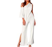 HAOLEI Ladies Jumpsuit UK Sale Elegant One Shoulder Romper Straight Dungarees Overalls Wide Leg Trousers Split Pants Off Shoulder Jumpsuits Summer Loose Fit Casual Playsuit for Party Wedding Office
