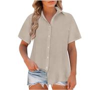 HAOLEI Ladies Linen Tops 2026 - Womens Cotton Linen T-Shirt UK Elegant Tee Shirts Button Down Summer Lapel Short Sleeve Casual Smart Office Work Tunic Tops Collared Blouses Plus Size 8-22 Khaki
