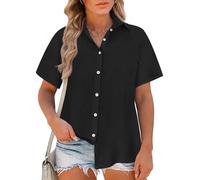 HAOLEI Ladies Linen Tops 2026 - Womens Cotton Linen T-Shirt UK Elegant Tee Shirts Button Down Summer Lapel Short Sleeve Casual Smart Office Work Tunic Tops Collared Blouses Plus Size 8-22 Black