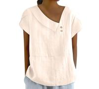 HAOLEI Ladies Linen Tops Plus Size Asymmetric Neck Blouses for Women UK Elegant Going Out Short Sleeve Tops V Neck Summer T-Shirt Plain Tunic Tops Tunics Solid Color Blouses for Beach Vacation Beige