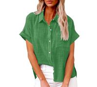 HAOLEI Ladies Linen Tops - Womens Cotton Linen Shirts UK Elegant Classic Oversized Tee Shirts Button Down Summer Lapel Roll Up Short Sleeve Casual Blouse Office Work Tunic Tops Plus Size 8-22