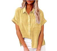 HAOLEI Ladies Linen Tops - Womens Cotton Linen Shirts UK Elegant Classic Oversized Tee Shirts Button Down Summer Lapel Roll Up Short Sleeve Casual Blouse Office Work Tunic Tops Plus Size 8-22