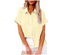 HAOLEI Ladies Linen Tops - Womens Cotton Linen Shirts UK Elegant Classic Oversized Tee Shirts Button Down Summer Lapel Roll Up Short Sleeve Casual Blouse Office Work Tunic Tops Plus Size 8-22