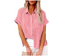HAOLEI Ladies Linen Tops - Womens Cotton Linen Shirts UK Elegant Classic Oversized Tee Shirts Button Down Summer Lapel Roll Up Short Sleeve Casual Blouse Office Work Tunic Tops Plus Size 8-22