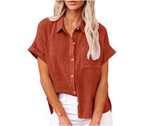 HAOLEI Ladies Linen Tops - Womens Cotton Linen Shirts UK Elegant Classic Oversized Tee Shirts Button Down Summer Lapel Roll Up Short Sleeve Casual Blouse Office Work Tunic Tops Plus Size 8-22