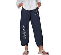 HAOLEI Ladies Linen Trousers UK Casual Loose Harem Pants Floral Printed Pants Wide Leg Cotton Linen Joggers Smocked High Waisted Soft Boho Summer Spring Beach Party Tracksuit Bottoms for Women