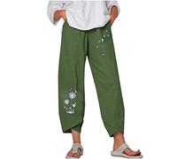 HAOLEI Ladies Linen Trousers UK Sale Casual Loose Harem Pants Floral Printed Pants Wide Leg Cotton Linen Joggers Smocked High Waisted Soft Boho Summer Spring Beach Party Tracksuit Bottoms for Women