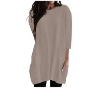 HAOLEI Ladies Long Tops to Wear with Leggings 3/4 Sleeve Tunic Tops Women's Oversized Shirts Baggy Comfy Blouses Mid-Long Shirts Boat Neck Plain Stretch Tee Mini Dress with Pockets UK Gray