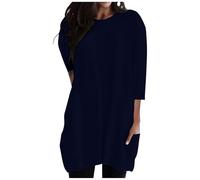 HAOLEI Ladies Long Tops to Wear with Leggings 3/4 Sleeve Tunic Tops Women's Oversized Shirts Baggy Comfy Blouses Mid-Long Shirts Boat Neck Plain Stretch Tee Mini Dress with Pockets UK Sale Blue