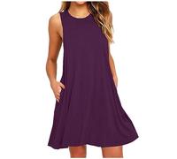 HAOLEI Ladies Mini Dresses with Pockets UK Clearance,Womens Sleeveless Summer Dresses Elegant Tank Dress Casual Loose High Waist Mini Dress Crew Neck Beach Boho Going Out Party A-Line Dress