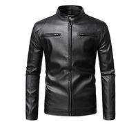 HAOLEI Leather Biker Jackets for Men,Casual Faux Leather Bomber Coat Stand Collar Pockets Plain Zipper Winter Warm Windbreaker Slim Fit Motorcycle Trucker Jacket for Men UK Size 10-20