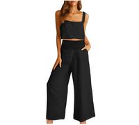 HAOLEI Linen Co Ord Sets for Women Summer Petite,Two Piece Outfits Sale Clearance,Sleeveless Cotton Linen Square Neck Wedding Outfit,Tank Tops and Trousers Sets Summer Lounge Homewear Sets