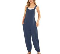 HAOLEI Linen Dungarees Women Petite,Ladies Overalls Casual Loose Sleeveless Summer Jumpsuits Spaghetti Straps Long Pants Wide Leg Trousers Holiday Rompers Playsuit with Pockets UK Sale Clearance