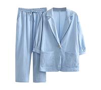 HAOLEI Linen Suit for Women UK 2 Piece Linen Sets Linen Trousers Suits Button Down Shirt and Drawstring Long Pants Set Going Out Wedding Casual Loose Summer Ladies Blazer Set