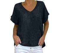 HAOLEI Linen T Shirt for Women UK Elegant Summer V Neck Short Sleeve Plain Shirts Solid Color T-Shirt Casual Loose Basic Tee Lagenlook Tunic Tops Vacation Outfits Ladies Blouses Clearance