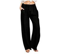 HAOLEI Linen Trousers Women UK Sale Clearance Wide Leg Casual Loose Palazzo Trousers Elasticated Waist Baggy Yoga Lounge Pants with Pockets Solid Color Cotton Linen Beach Pants Ladies Size S-3XL
