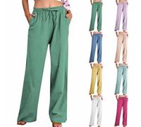 HAOLEI Linen Trousers Womens,Ladies Summer Cotton Linen Trousers Drawstring Elastic Waist Straight Wide Leg Lounge Pants Pockets High Waisted Palazzo Pants Loose Fit Bottoms UK Sale Clearance