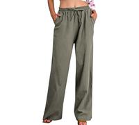 HAOLEI Linen Trousers Womens,Ladies Summer Cotton Linen Trousers Drawstring Elastic Waist Straight Wide Leg Lounge Pants Pockets High Waisted Palazzo Pants Loose Fit Bottoms UK Sale Clearance