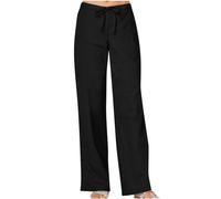 HAOLEI Linen Trousers Womens UK Clearance Casual Smart Palazzo Pants Elasticated Waist Loose Fit Plain Cotton Linen Straight Leg Work Going Out Beach Pants with Pockets Size 8-18 Black