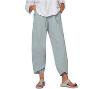 HAOLEI Linen Trousers Womens UK Petite Capri Pants Casual Loose Summer Boho Plain Cropped Trousers Stretchy Elastic Waist Lounge Summer Beach Yoga Pants Ladies 3/4 Length Trousers with Pockets