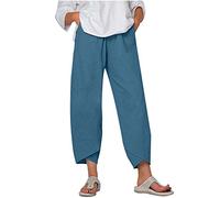 HAOLEI Linen Trousers Womens UK Petite Capri Pants Casual Loose Summer Boho Plain Cropped Trousers Stretchy Elastic Waist Lounge Summer Beach Yoga Pants Ladies 3/4 Length Trousers with Pockets