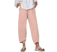 HAOLEI Linen Trousers Womens UK Petite Capri Pants Casual Loose Summer Boho Plain Cropped Trousers Stretchy Elastic Waist Lounge Summer Beach Yoga Pants Ladies 3/4 Length Trousers with Pockets